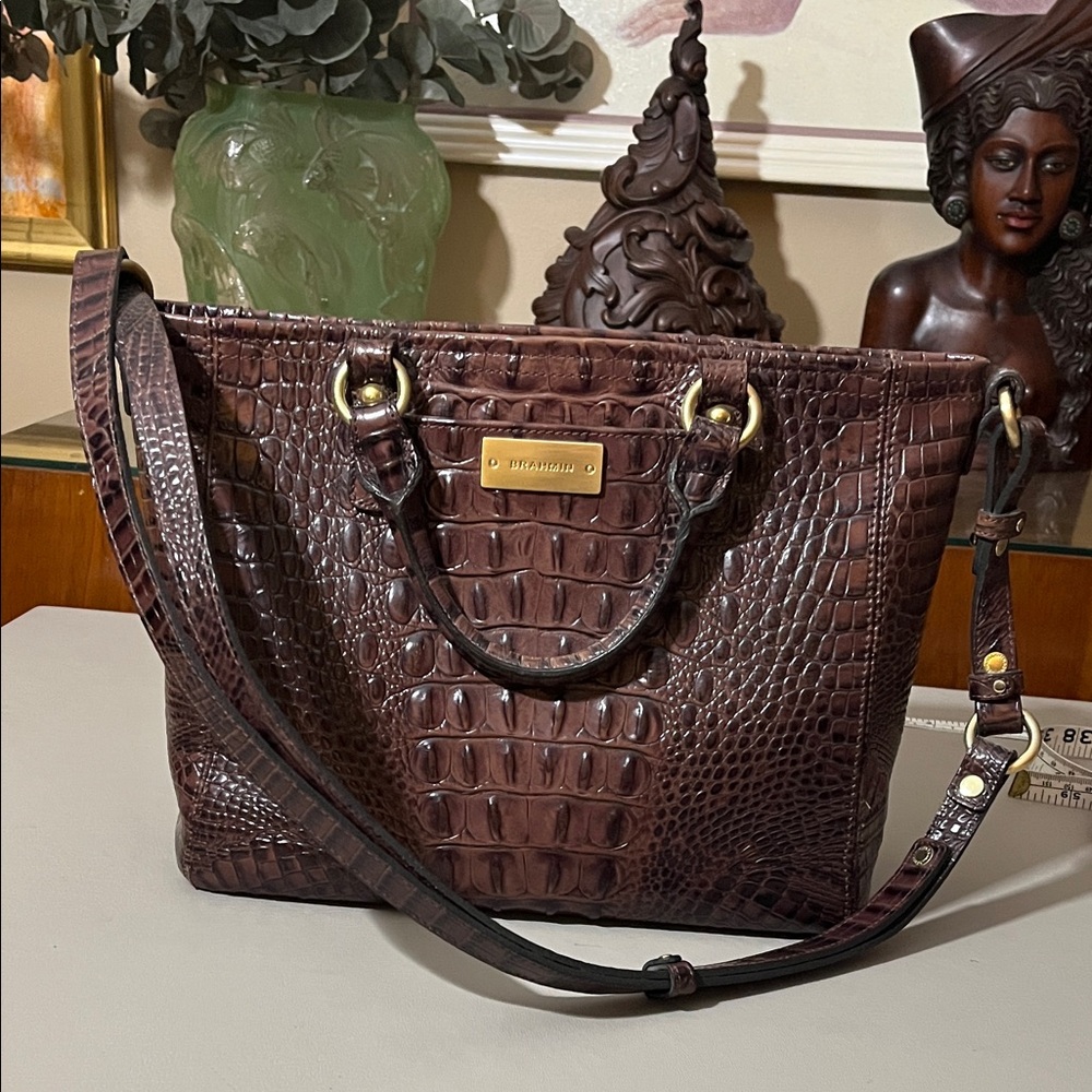 Brahmin Dark Brown Croc-Embossed bag with shoulder strap and handles.
